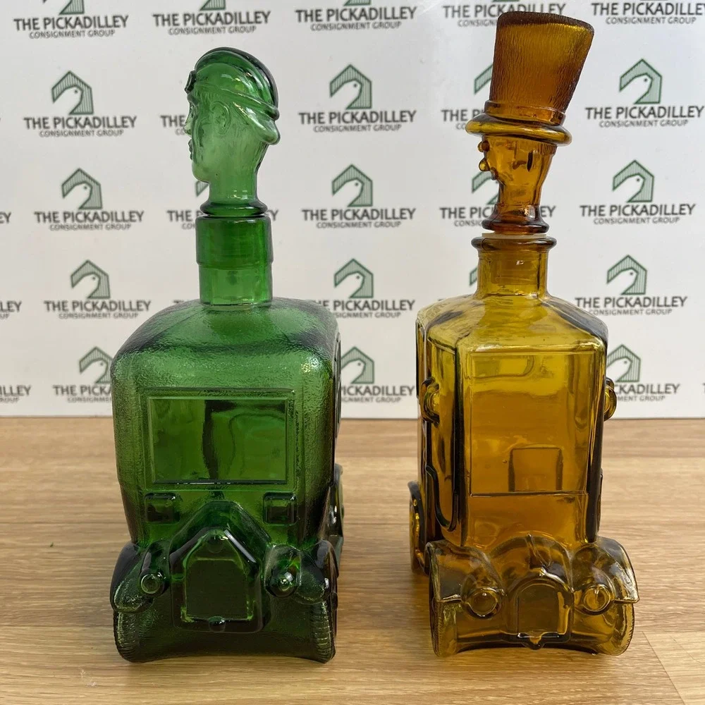 Vintage Glass Decanter Set Green Amber Carriage Car Driver Top Hat Taiwan 2pc